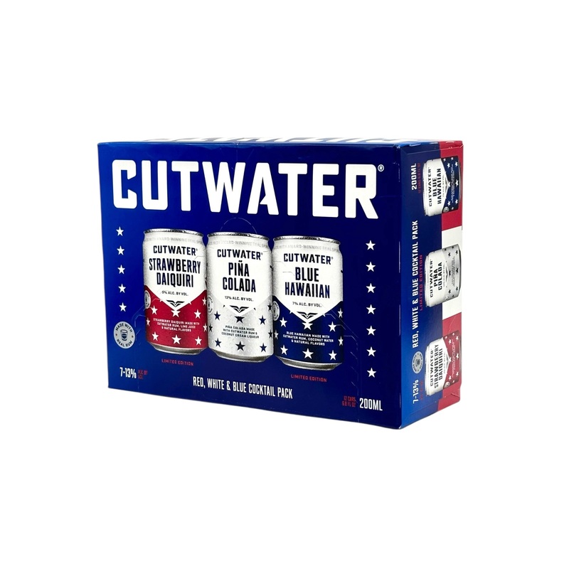 Cutwater Red White & Blue Cocktails RTD 12 x 200 ml Strawberry Daiquiri/Pina Colada, Blue Hawaiian